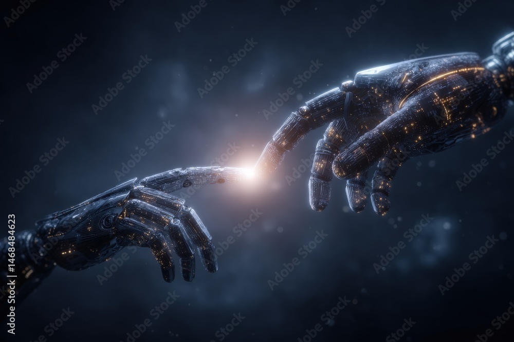 In a dimly lit environment, two robotic hands reach towards each other, creating a connection with a bright energy source. The scene evokes themes of technology and unity.