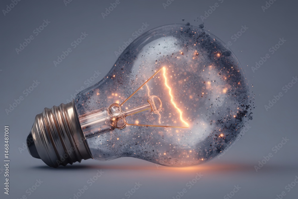 A vintage light bulb illuminates with vibrant sparks and floating particles, creating a magical effect. The background is a soft gradient, enhancing the bulbs warm glow.