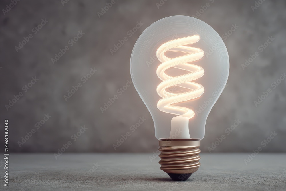 A glowing modern light bulb featuring a spiral filament is placed on a textured surface. The warm light casts soft shadows, enhancing the minimalist aesthetic of the setting.