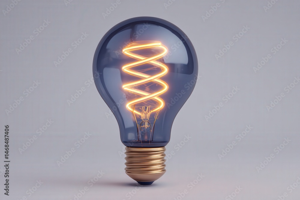 A unique light bulb stands upright, showcasing a winding, glowing filament inside. The bulb has a sleek design with a metallic base, set against a simple, neutral background.
