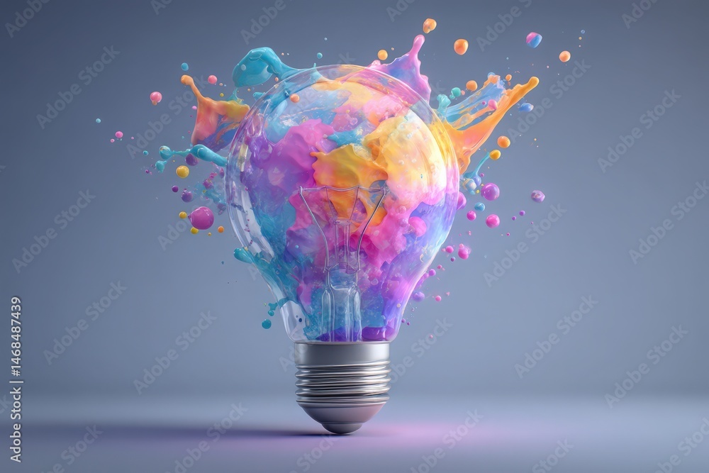 A creative depiction of a light bulb filled with vibrant splashes of paint in various colors. The artwork is set against a simple gray background, exuding energy and creativity.