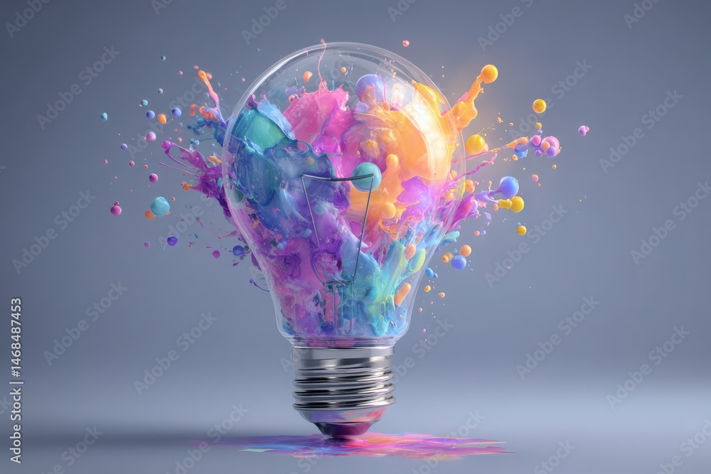 A light bulb filled with vibrant colors bursts, sending splashes of blue, pink, and orange around it. This artistic representation illustrates the concept of creativity and inspiration.