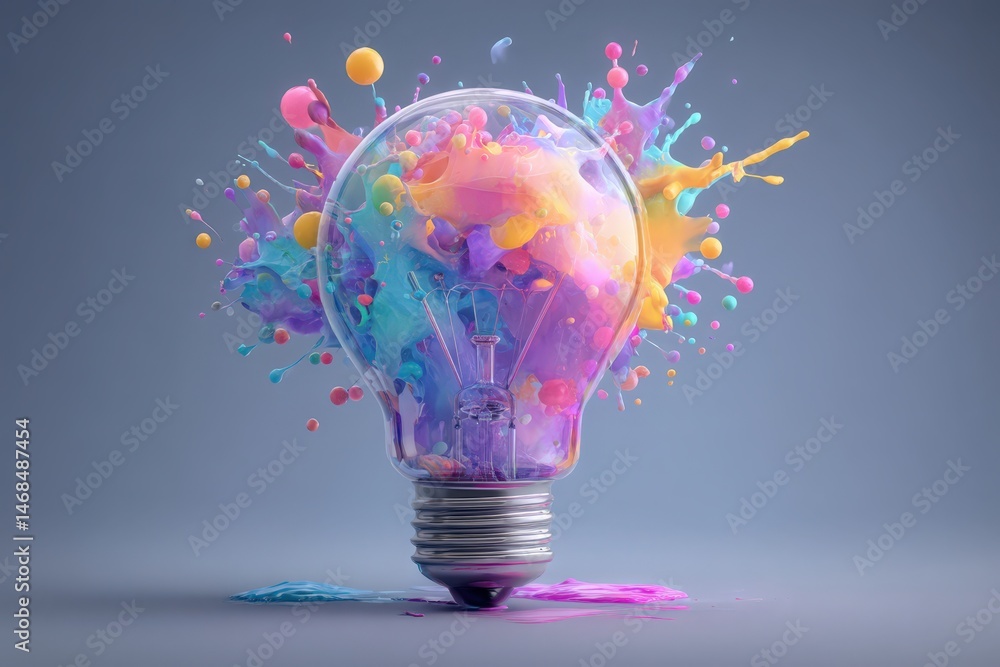A vibrant light bulb filled with splashes of pink, blue, and yellow paint creates a dynamic display of color. The scene captures the essence of creativity and imagination in a modern artistic style.