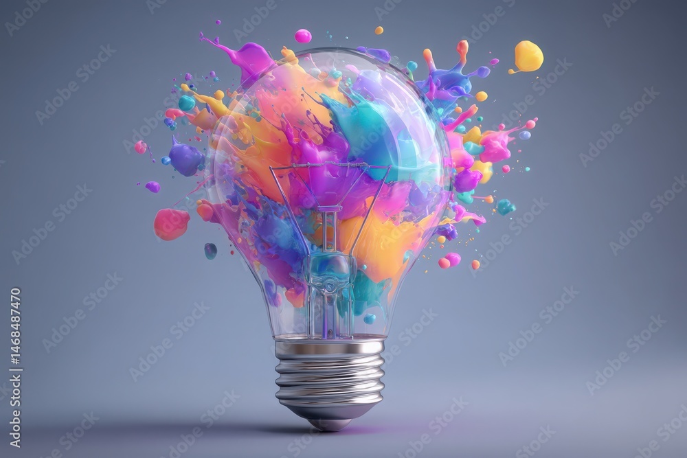 A light bulb bursts with vibrant paint splashes in various colors, creating an energetic contrast against a gray background. The scene captures a dynamic and creative moment.
