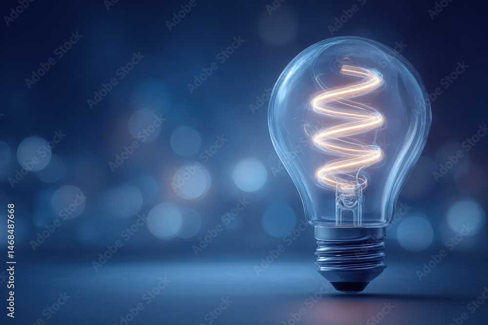A clear light bulb with a spiral filament emits a warm glow. It stands on a smooth surface, surrounded by a blurred blue background, creating a calming nighttime atmosphere.