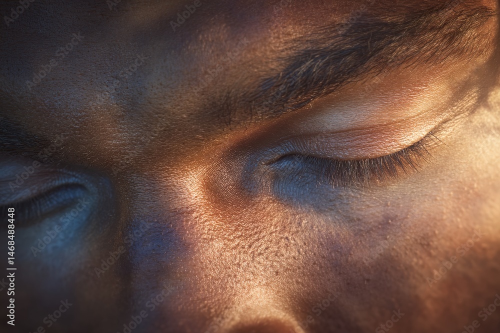 The focus is on a serene face with closed eyes, showcasing the texture of the skin and the play of light and shadow. Subtle tones create a calming atmosphere.