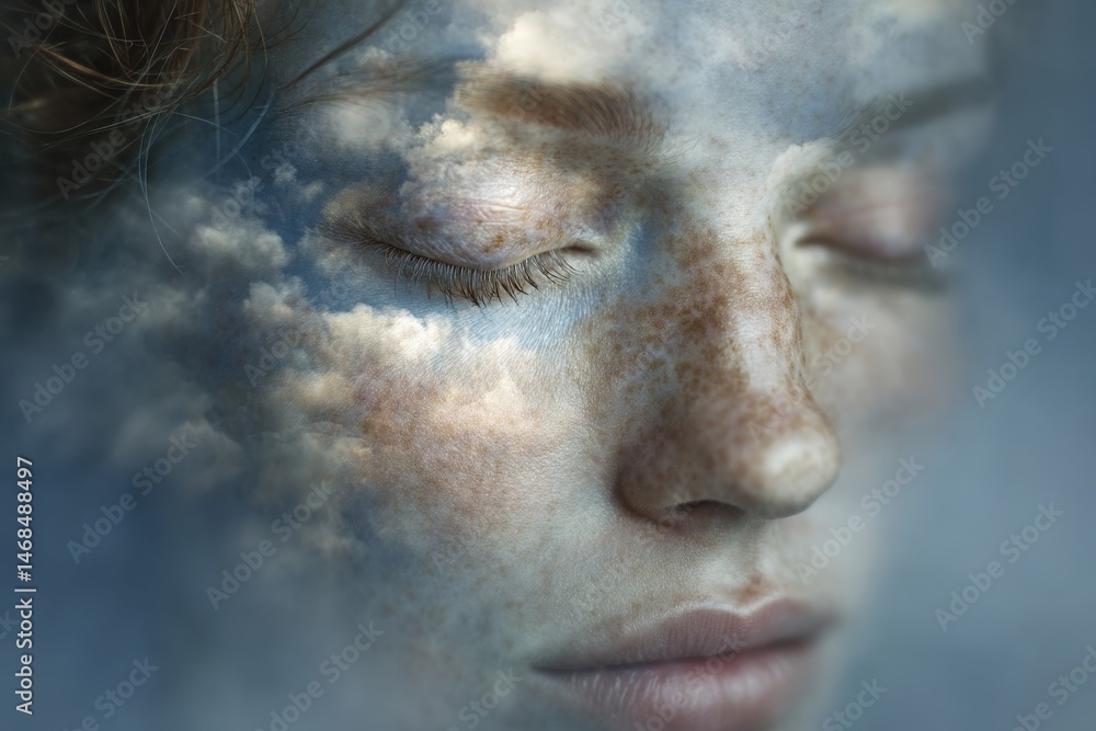 A young girl with closed eyes is portrayed in a peaceful expression. Clouds and a blue sky blend seamlessly across her skin, creating a dreamlike atmosphere that evokes tranquility and introspection.