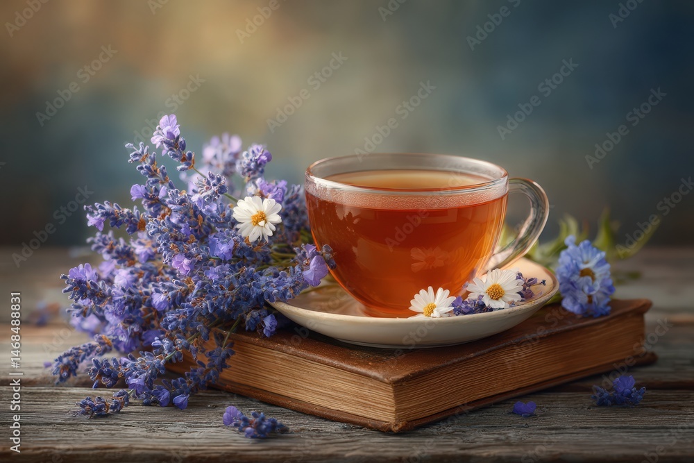 A clear glass cup filled with aromatic tea sits on a saucer, accompanied by vibrant purple and white flowers.
