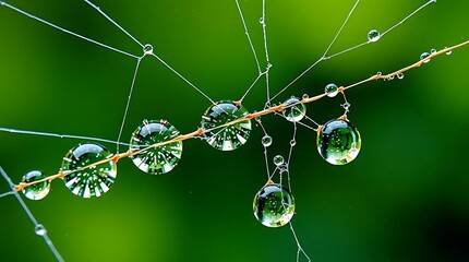 A macro close-up of a spider web adorned with large, clear water drops against a vibrant, blurred green background.
