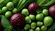 © Sarawut - Close-packed farm vegetables, top view macro with glossy surfaces, leafy details, and gentle shadows
