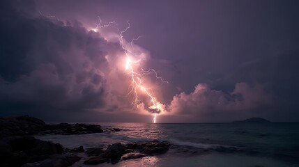 Poster - Dramatic thunderstorm over turbulent ocean waters showcasing bright lightning at dusk