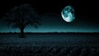 © kidmad - Mysterious full moon rising over serene field with lone tree at night captivating landscape photography