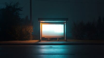Poster - Empty billboard at bus stop lighting up the night