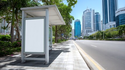 Fototapete - Empty bus stop shelter with copyspace for advertising in a sunny urban setting