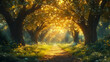 © Yuliana - Golden sunlight filtering through a pathway in a lush forest.