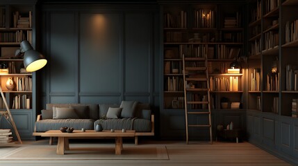 Fototapete - Empty wooden table product placement, displaying cozy living room with bookshelves and floor lamp