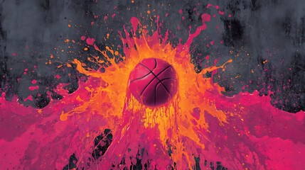 Leinwandbilder - Exploding basketball with vibrant splashes on a grunge backdrop, ideal illustration for sports poster or flyer