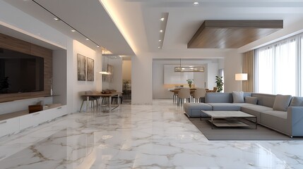 Aufkleber - Minimalist interior design for a living room, marble flooring with a white false ceiling, indirect light and spot lights, modern furniture, open space living area with a dining table in the back