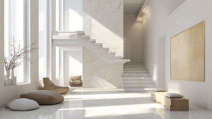 Aufkleber - Minimalist interior featuring white staircase and beige walls in a contemporary space with natural light