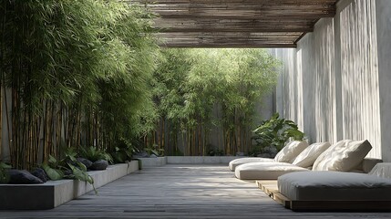 Poster - Minimalist outdoor space with bamboo and natural light creating a serene atmosphere