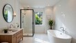 © Charming Studio - Modern bathroom interior design with glass shower, freestanding tub, and natural light in stylish contemporary setting