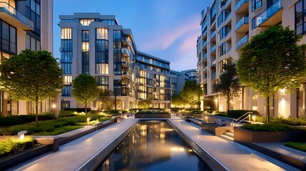 Fototapete - Modern apartment complex with glowing lights and lush gardens during twilight hours in a serene urban setting