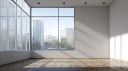 Aufkleber - Modern empty room with large window overlooking the street in a contemporary building during daylight
