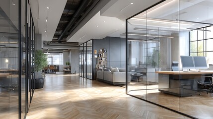 Aufkleber - Modern interior design of an open office with glass partitions and management office