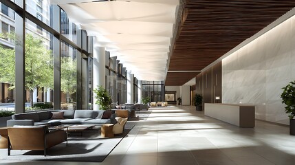 Aufkleber - Modern interior design showcasing natural light in a spacious urban lobby during daytime hours