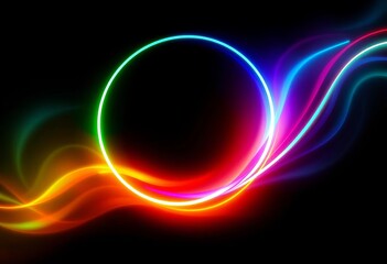 Wall Mural - Vibrant neon circle, abstract glowing design on black, glow, futuristic