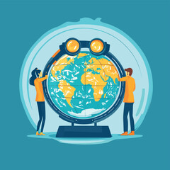 Aufkleber - Business people open globe using binoculars looking for future vision. World economic vision for business, work or investment. Flat vector illustration, vector style simple color