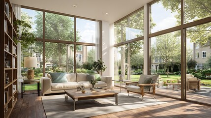 Poster - Modern living area with large windows overlooking a serene backyard garden in the afternoon light