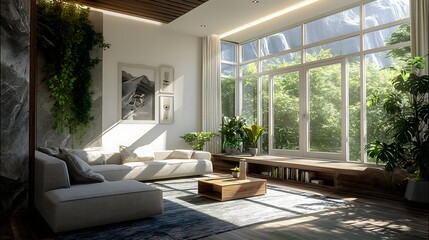 Aufkleber - Modern living room design showcasing natural light and greenery in a serene setting