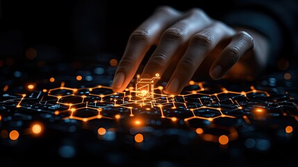 A hand interacts with a glowing network on a dark surface