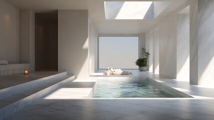 Aufkleber - Modern minimalist interior with natural light illuminating a serene plunge pool during the day
