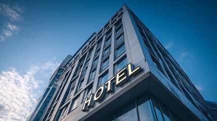 Poster - Modern luxury hotel building with a prominent hotel sign against a clear blue sky in an urban business district