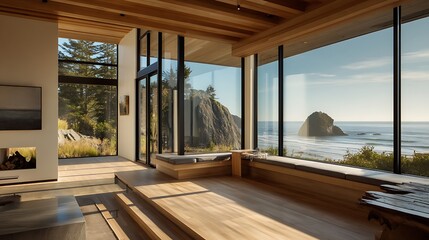 Aufkleber - Modern minimalist architecture featuring a coastal view with natural light and wood accents