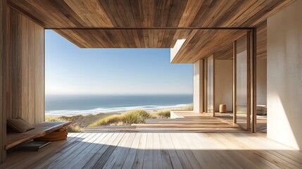 Aufkleber - Modern minimalist architecture featuring a coastal view with natural light and wood accents
