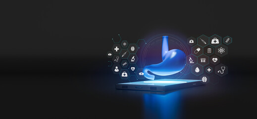 Artificial intelligence app for digestive health. Digital medical consultation for stomach care. Futuristic medical technology, telemedicine, and a mobile app for gastroenterology.