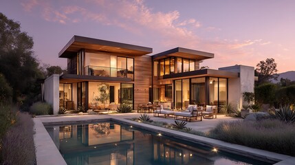 Fototapete - Modern two, story house featuring a pool and outdoor seating area during golden hour
