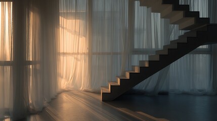 Aufkleber - Natural light streaming through sheer curtains in a modern interior with minimalist staircase