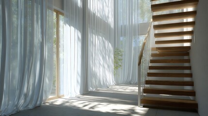 Poster - Natural light streaming through sheer curtains in a modern interior with minimalist staircase