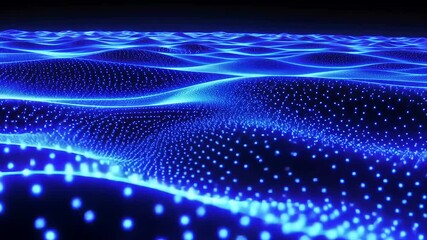 Wall Mural - Glowing blue particles form undulating waves on dark background