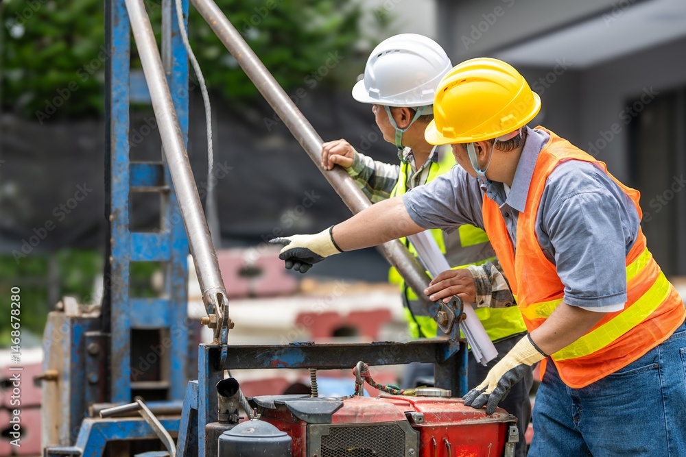 Two construction workers wea safety helmets and reflective vests ...
