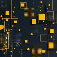 Poster - Abstract Digital Design: Geometric Forms and Data Grids in Golden Yellow on a Dark Backdrop