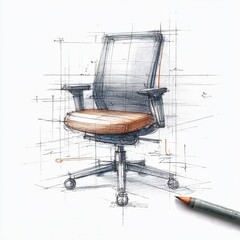 Poster - Architectural Sketch: Detailed Rendering of Modern Office Chair Design on White Background