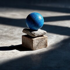 Poster - Balancing Act: A serene composition of a blue sphere resting atop stacked natural stones bathed in contrasting light and shadow.