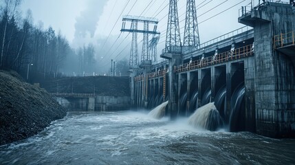 Poster - Hydroelectric dam power generation flowing water and infrastructure in a dynamic industrial environment