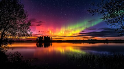 Aufkleber - Long exposure shot of aurora borealis reflection over serene lake at dusk landscape photography nature's beauty