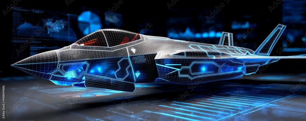 Wireframe Hologram of F-35 Fighter Jet with Blue Digital Lines Stock ...
